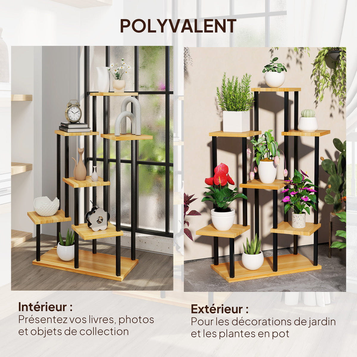 Support à plantes à 7 niveaux pour intérieur et extérieur, étagère plante en acier et bois, bois naturel