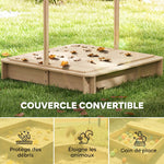 Bac à sable carré en bois pour enfants dim. 106L x 106l cm avec bancs et couvercle - auvent réglable