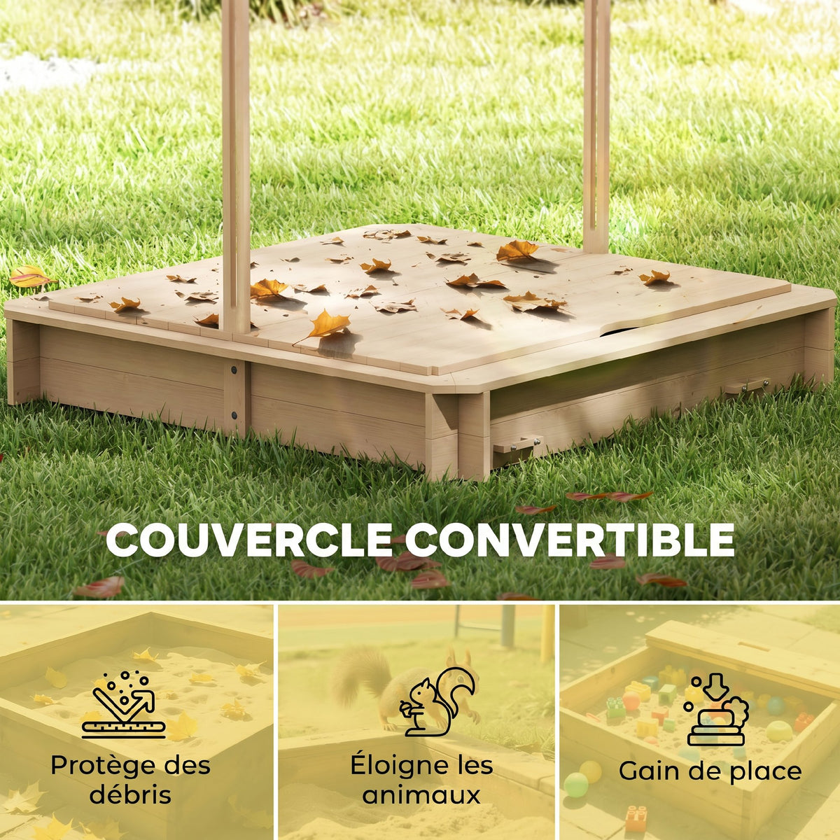 Bac à sable carré en bois pour enfants dim. 106L x 106l cm avec bancs et couvercle - auvent réglable