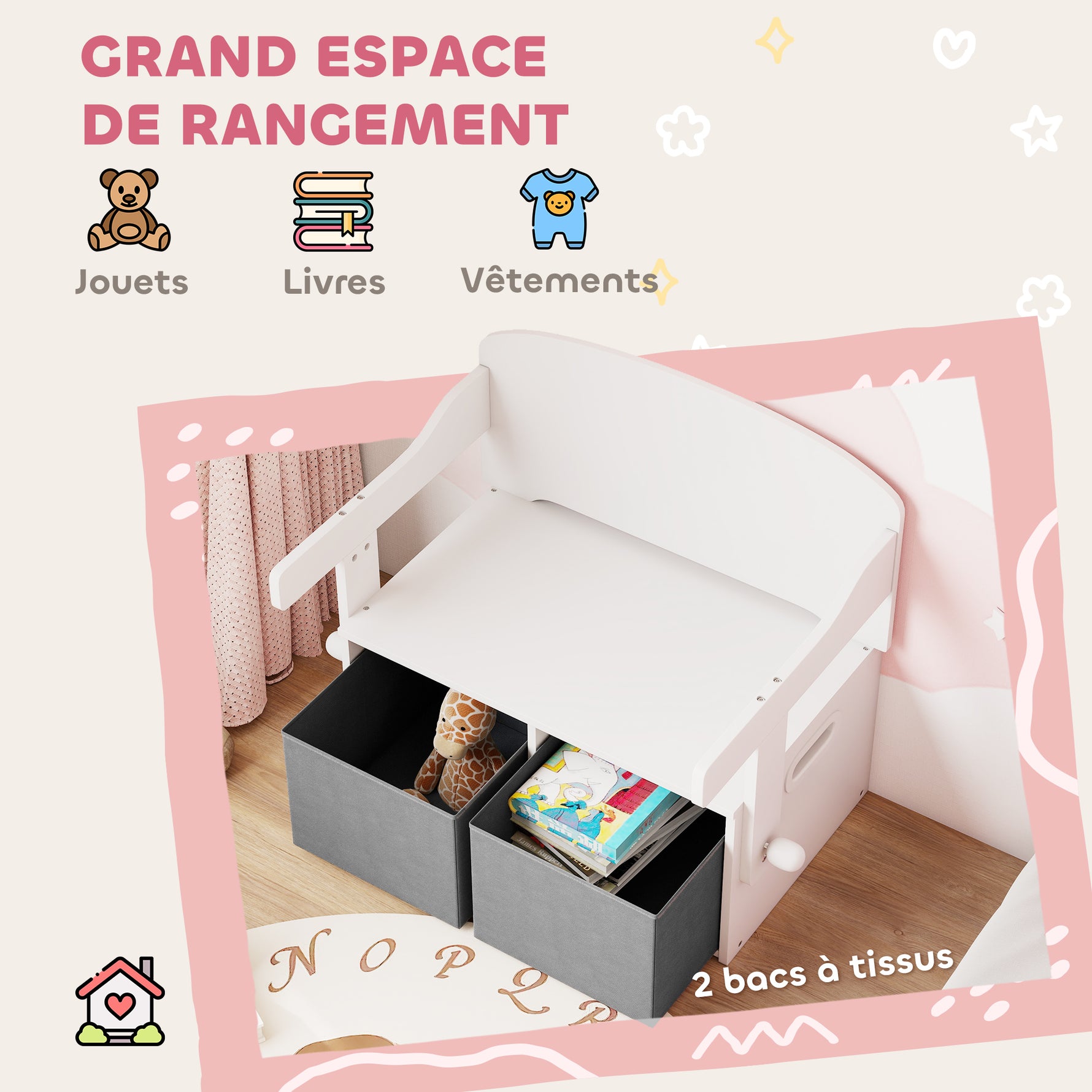 Coffre à jouet enfant 3 en 1, ensemble table et chaises avec 2 bacs en tissu amovibles, 67,5 x 46,5 x 56,7 cm, blanc