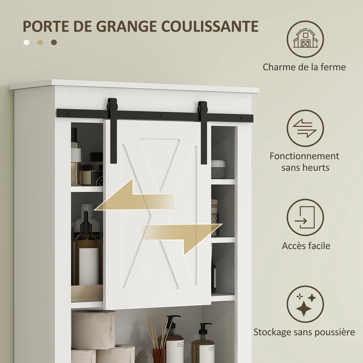 Meuble WC dessus de toilette avec porte coulissante, avec 6 compartiments de rangement, blanc
