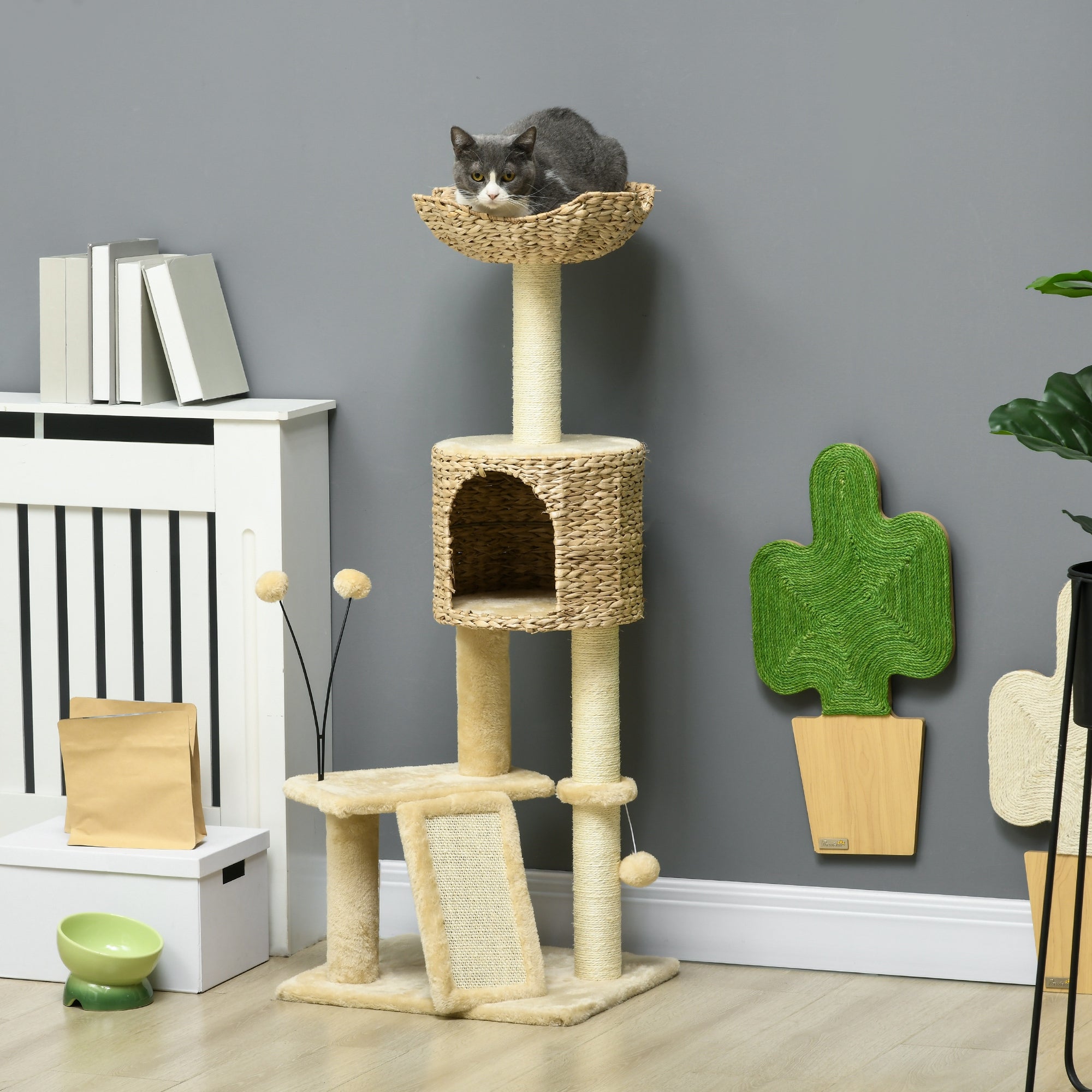 Arbre à chat hauteur 116 cm niche panier plateformes pompons en peluche et jacinthe d'eau - beige