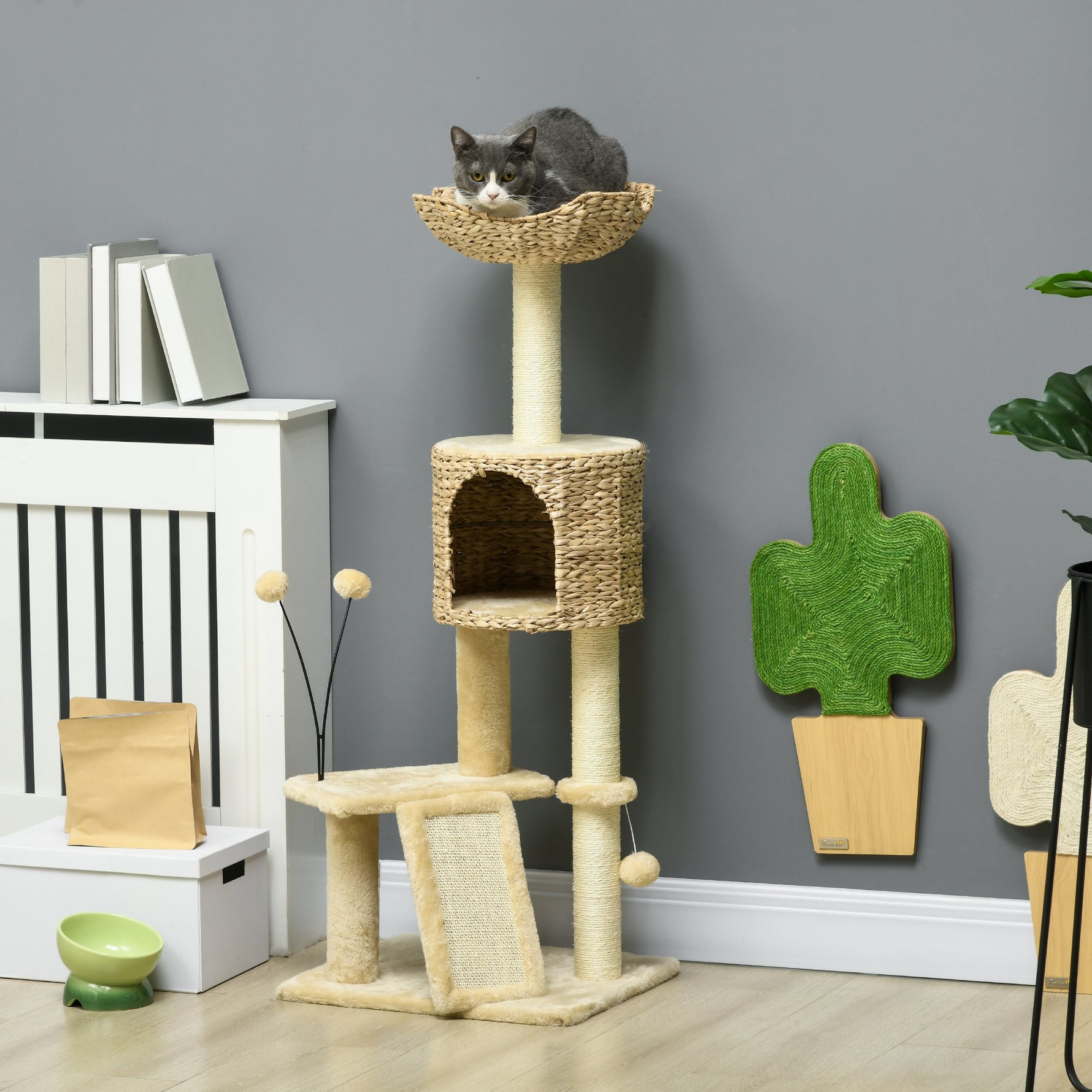 Arbre à chat hauteur 116 cm niche panier plateformes pompons en peluche et jacinthe d'eau - beige