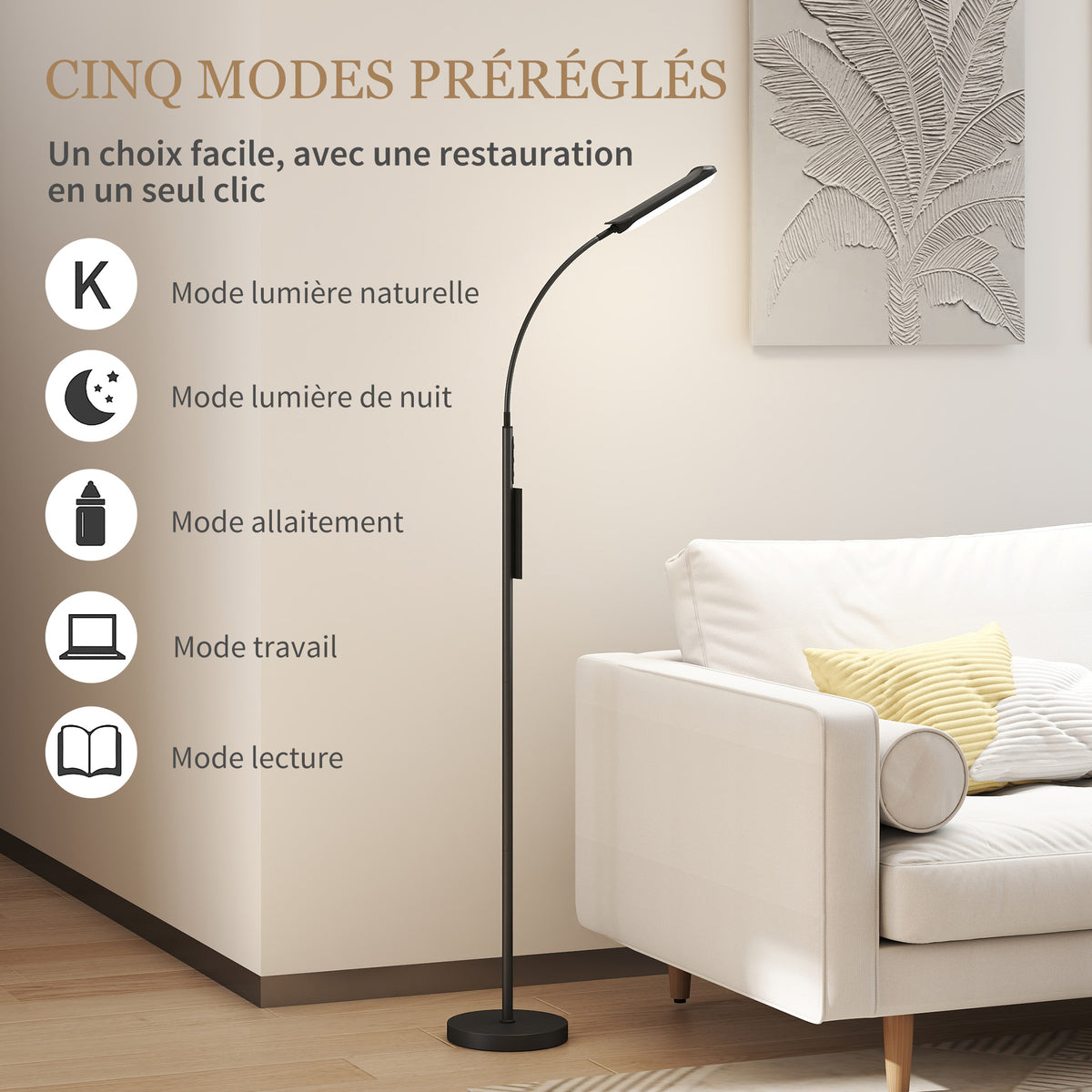Lampadaire sur pied de salon avec télécommande, contrôle tactile, température couleur et luminosité réglables, noir