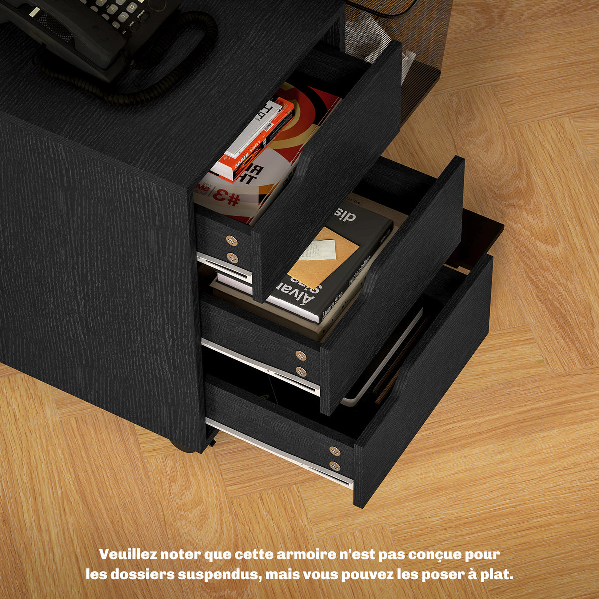 Caisson bureau mobile, meuble rangement bureau sur roulettes, 3 tiroirs, 40x50x57,5cm, noir