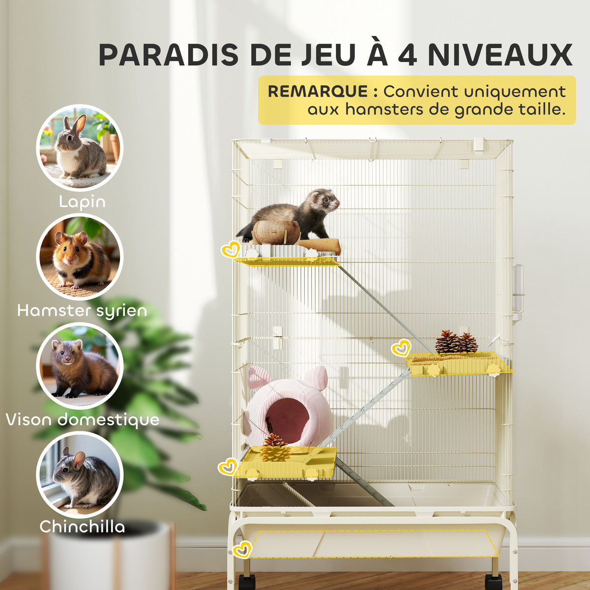 Cage pour lapin enclos à 4 niveaux avec 2 portes 3 rampes plateau profond roulettes 69 x 44 x 120 cm beige