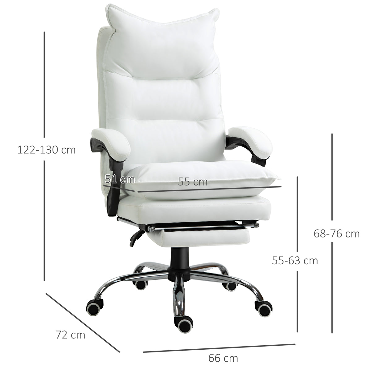 Fauteuil de bureau, chaise bureau ergonomique avec dossier inclinable, hauteur réglable, 66 x 72 x 130 cm, blanc
