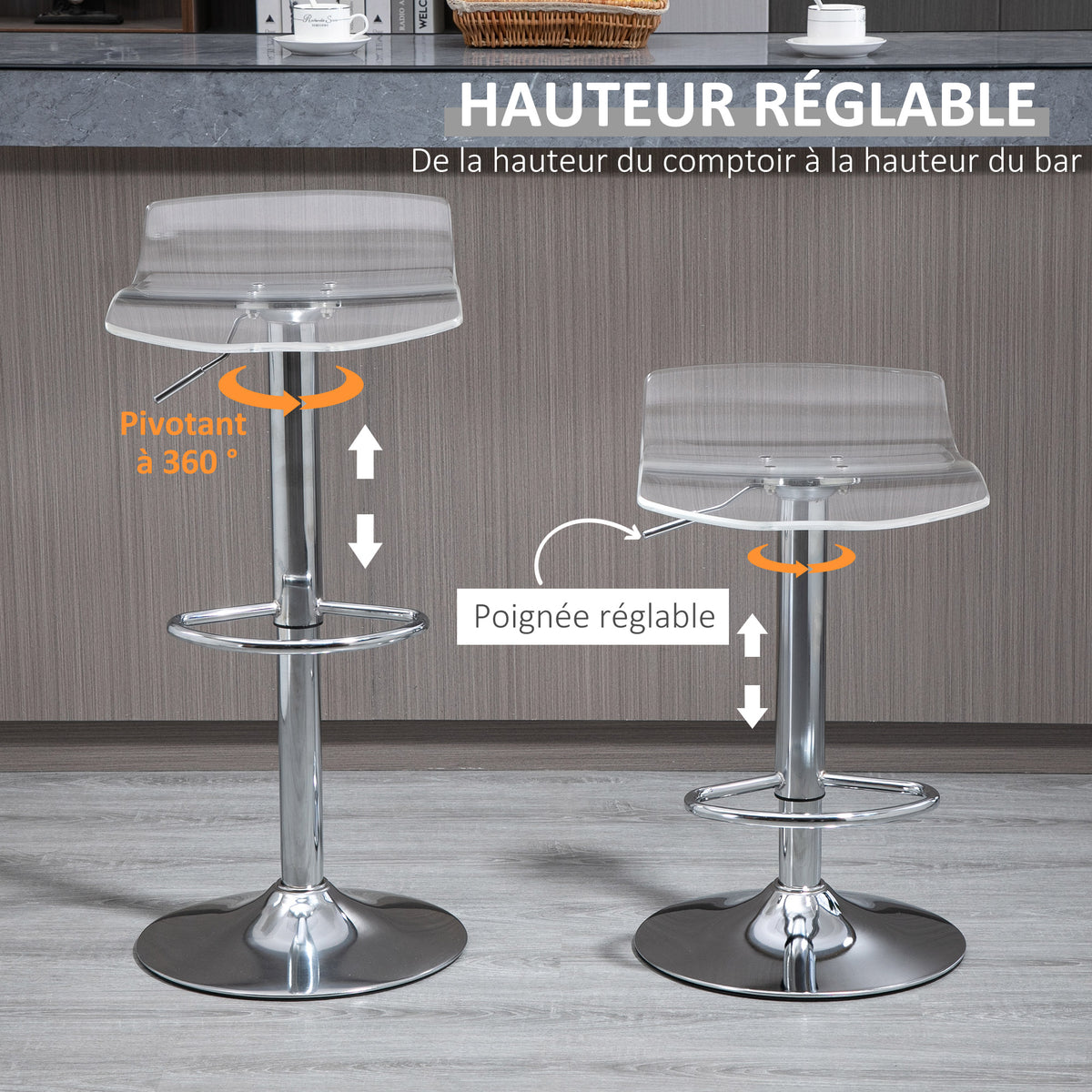 Lot de 2 tabourets de bar design contemporain assise acrylique et piètement métal - pivotant 360° - hauteur réglable avec repose-pieds - transparent