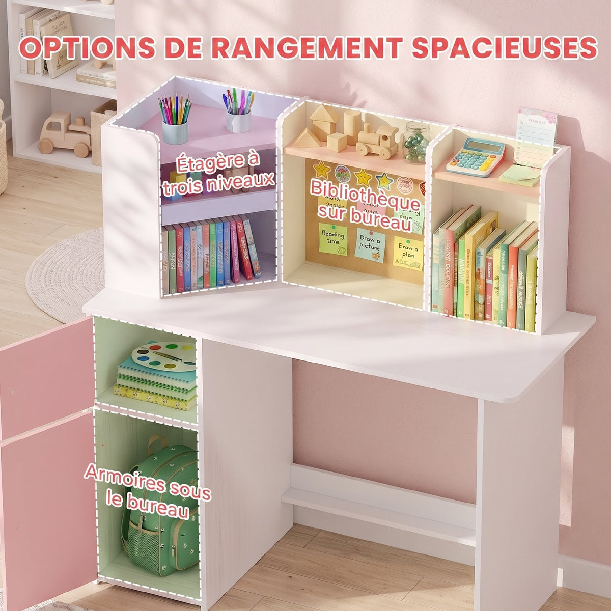 Bureau Enfant avec Chaise, Table d'Étude, Support de Tablette Réglable, Porte-Stylos, Panneau en Liège, 5-12 ans, Rose