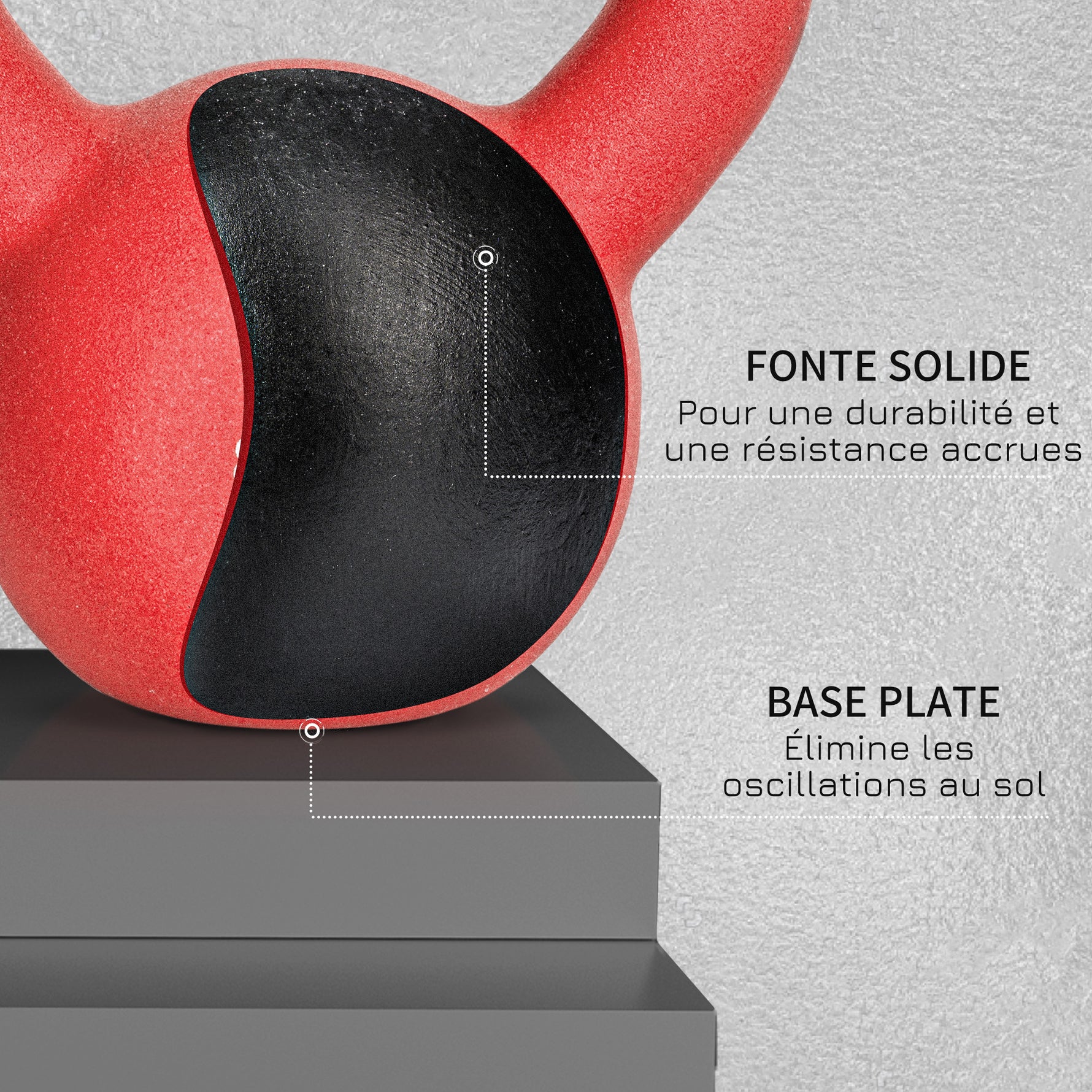Kettlebell 10 kg en métal poids pour entraînements avec poignée antidérapante et fond plat 19x12x22cm rouge et noir