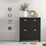 Armoire à chaussures 2 portes abattantes 2 compartiments poignées coquilles métal 79 x 23 x 90,5 cm noir chêne