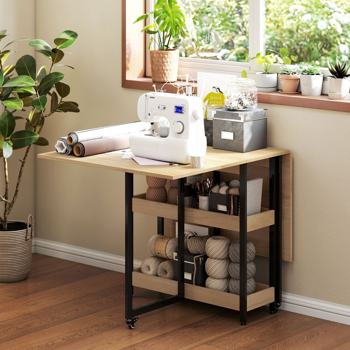Table à manger pliante sur roulettes 4 personnes avec compartiments ouverts, pour petits espaces, salle à manger, chêne
