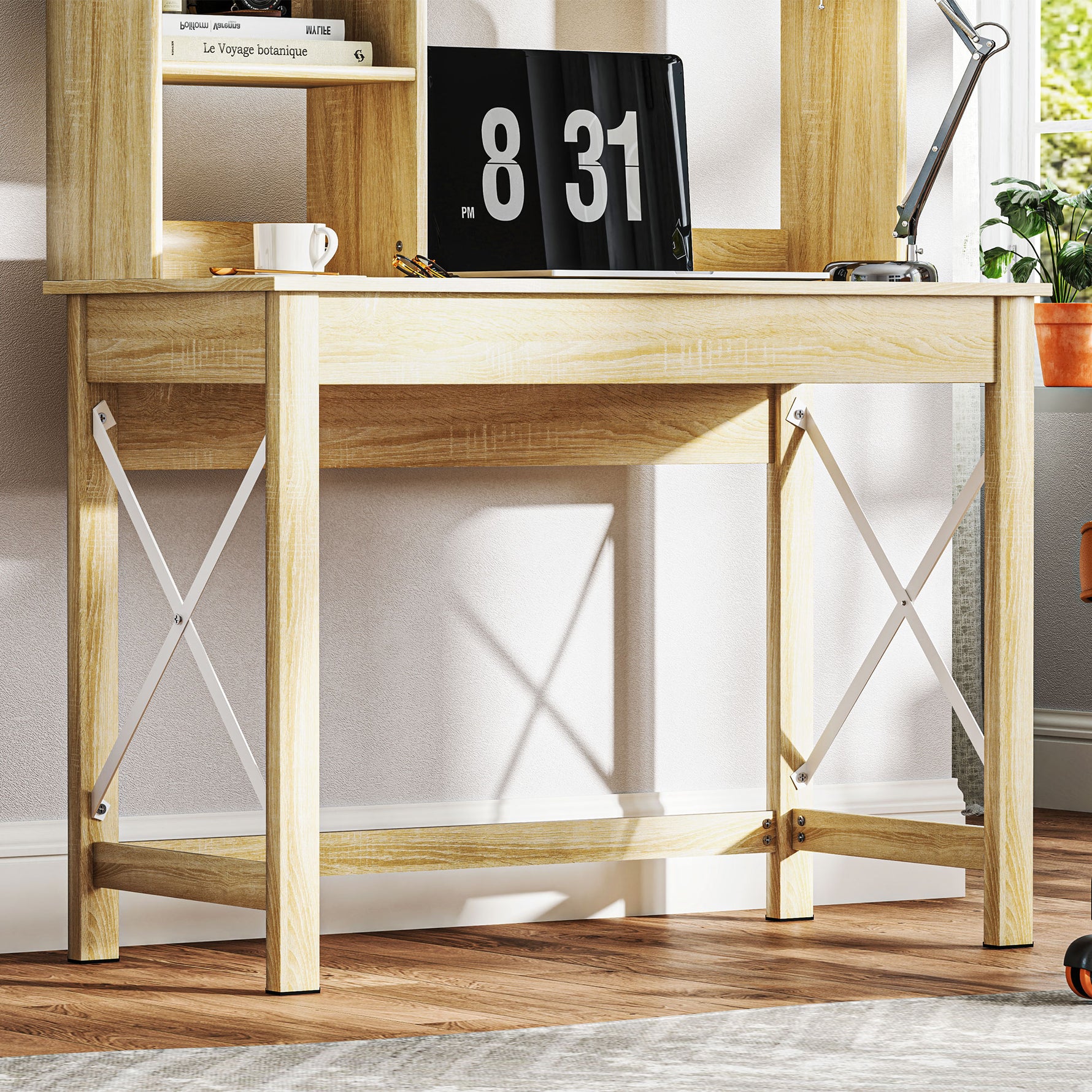 Bureau avec rangement bureau bibliothèque en bois avec étagères et grand plateau pour petits espaces, aspect chêne