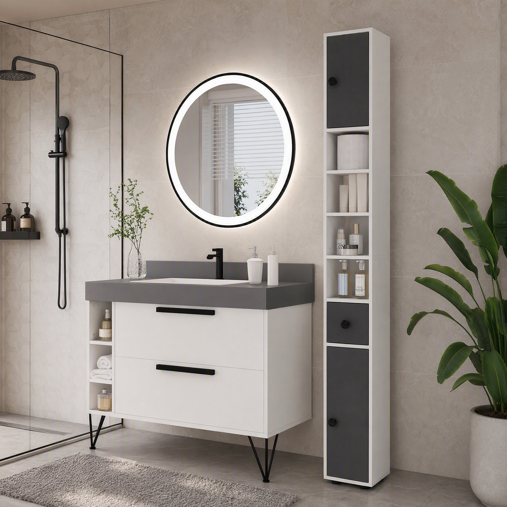 Colonne de rangement armoire haute pour salle de bain 1 tiroir 4 étagères réglables et 2 placards 20 x 20 x 180 cm gris