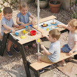 Table de pique-nique enfants avec parasol, 3 en 1 salon de jardin en bois pour enfants 3-6 ans avec 2 boîtes, naturel