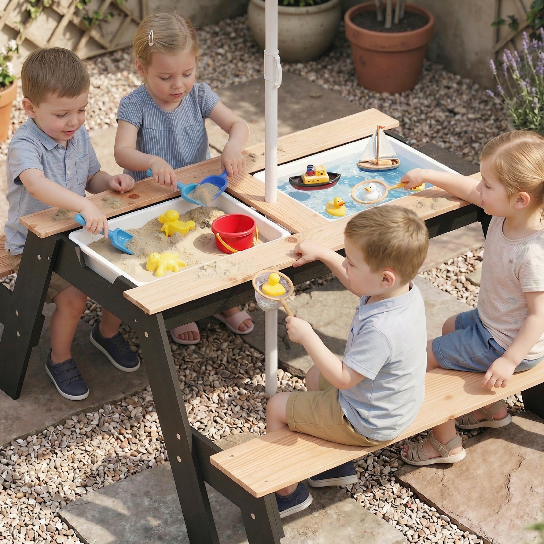 Table de pique-nique enfants avec parasol, 3 en 1 salon de jardin en bois pour enfants 3-6 ans avec 2 boîtes, naturel