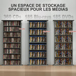 Rangements pour CD et DVD avec 8 compartiments et 6 étagères réglables, capacité max. 360 CD/185 DVD et Blu-ray, gris