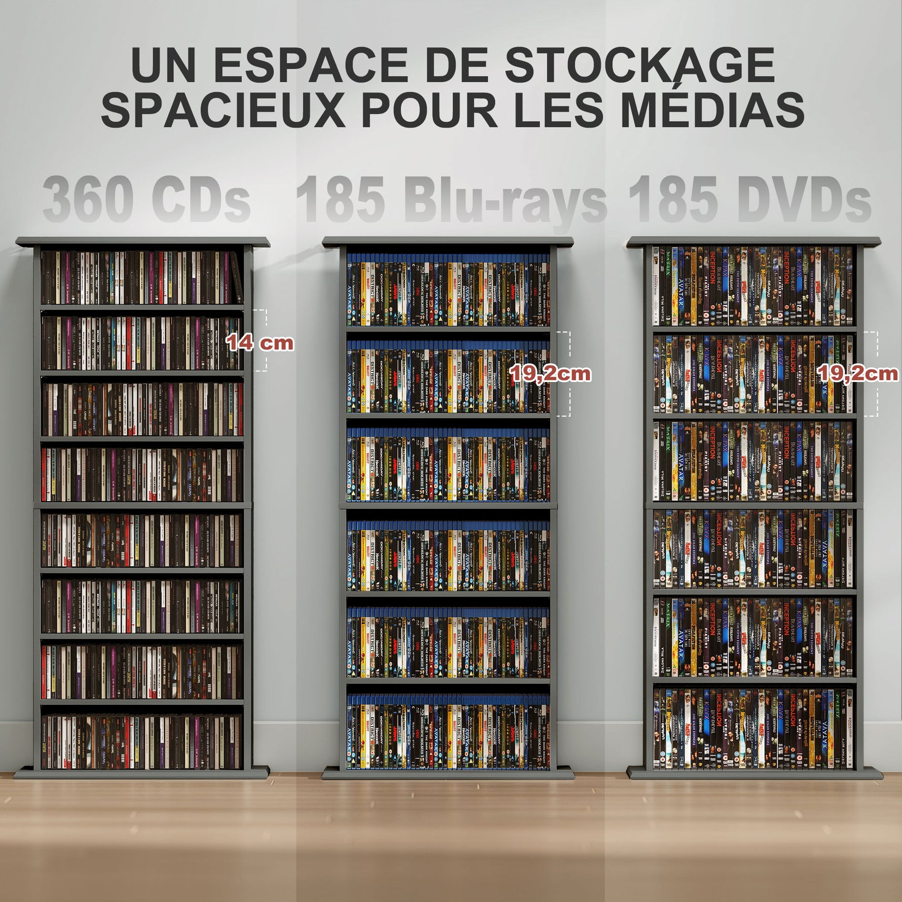 Rangements pour CD et DVD avec 8 compartiments et 6 étagères réglables, capacité max. 360 CD/185 DVD et Blu-ray, gris
