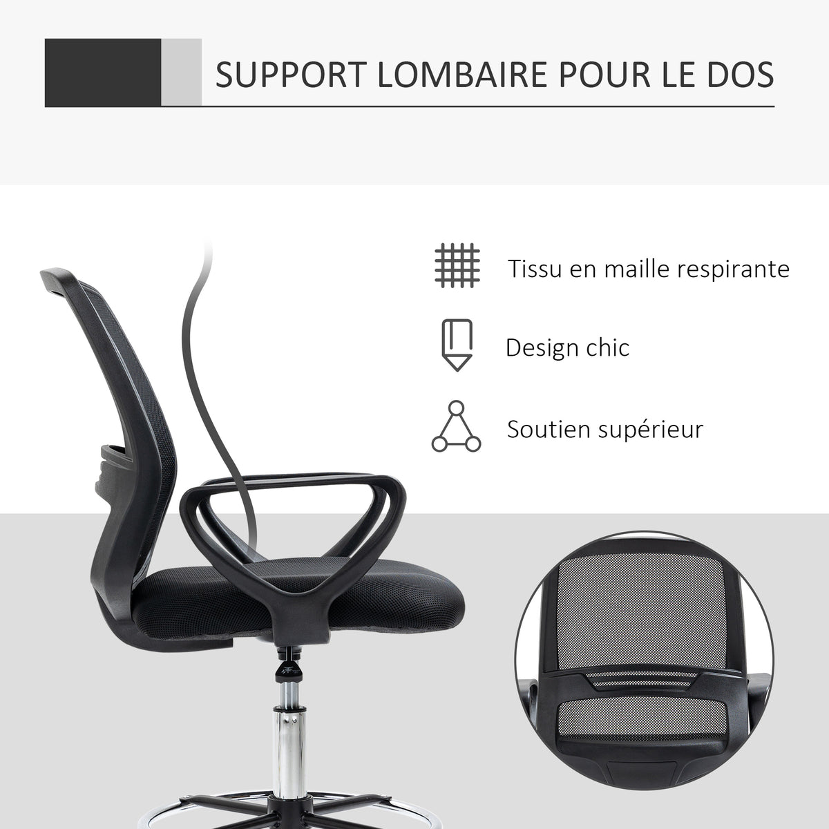 Fauteuil de bureau chaise de bureau assise haute réglable tabouret de bureau pivotant 360° maille respirante