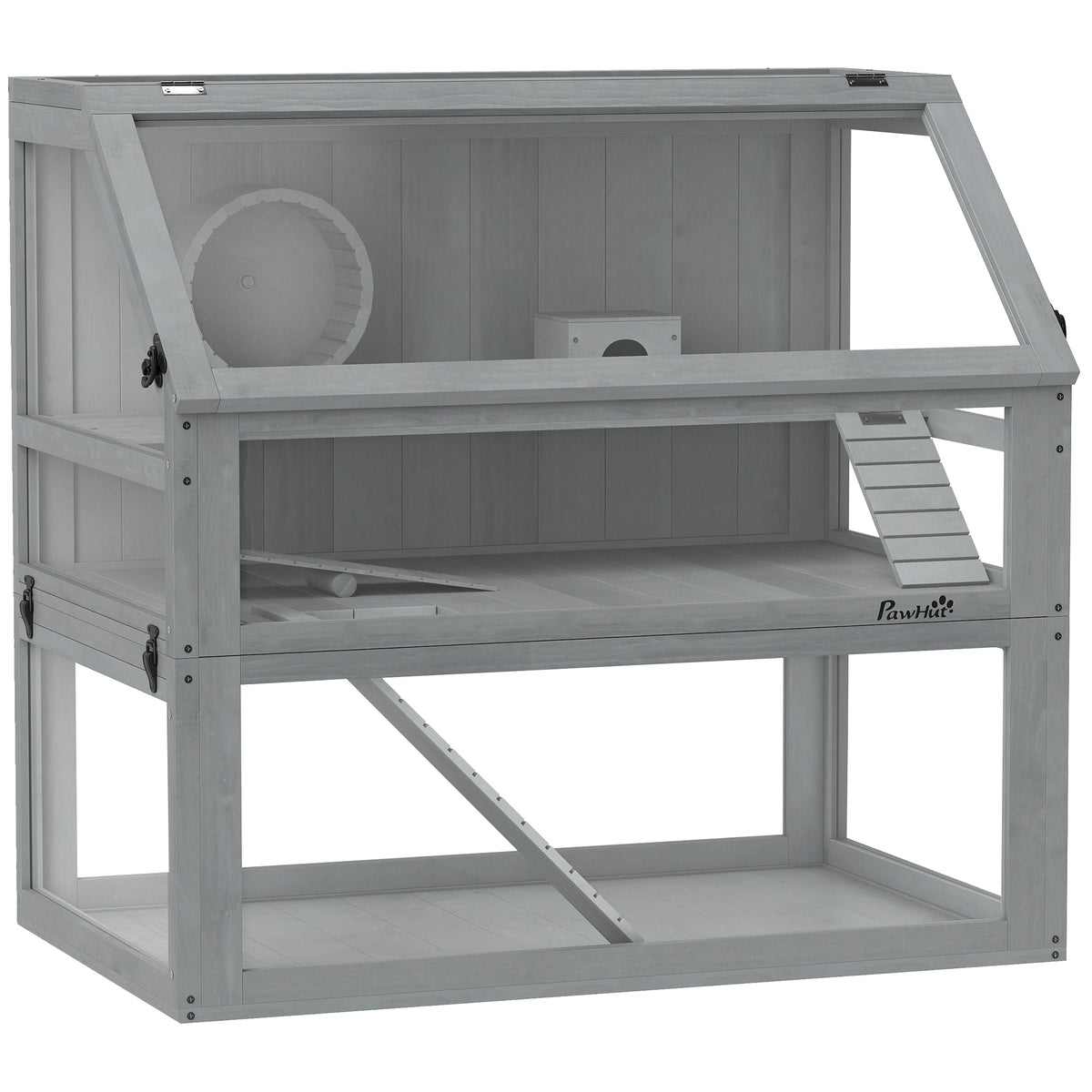 Jaula para hámster y roedores de 3 niveles, base profunda extraíble, casita, columpio, 80x50x76 cm gris claro