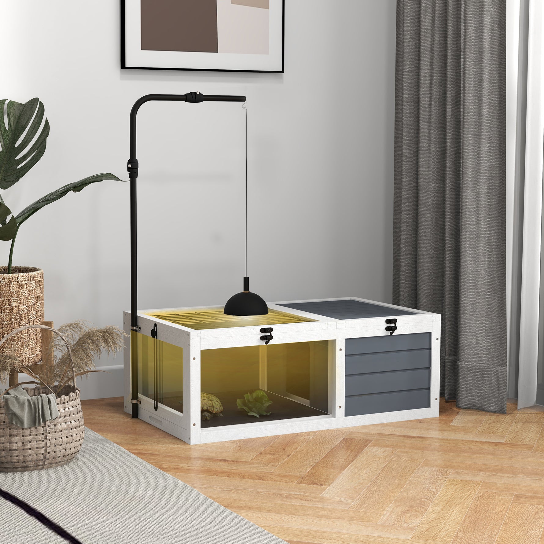 Maison enclos cage pour petit animal tortue avec 2 espaces support de lampe réglable 81 x 48 x 31,5 cm gris