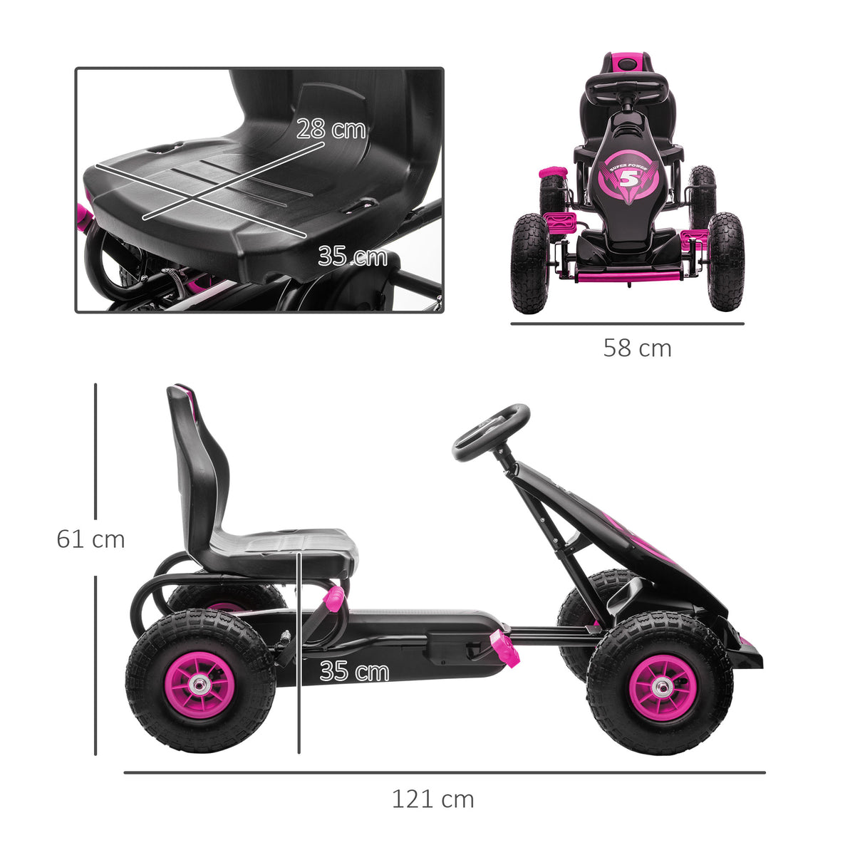 Kart à pédales pour enfant siège réglable 3 positions frein à main enfant de 5 à 12 ans rose noir