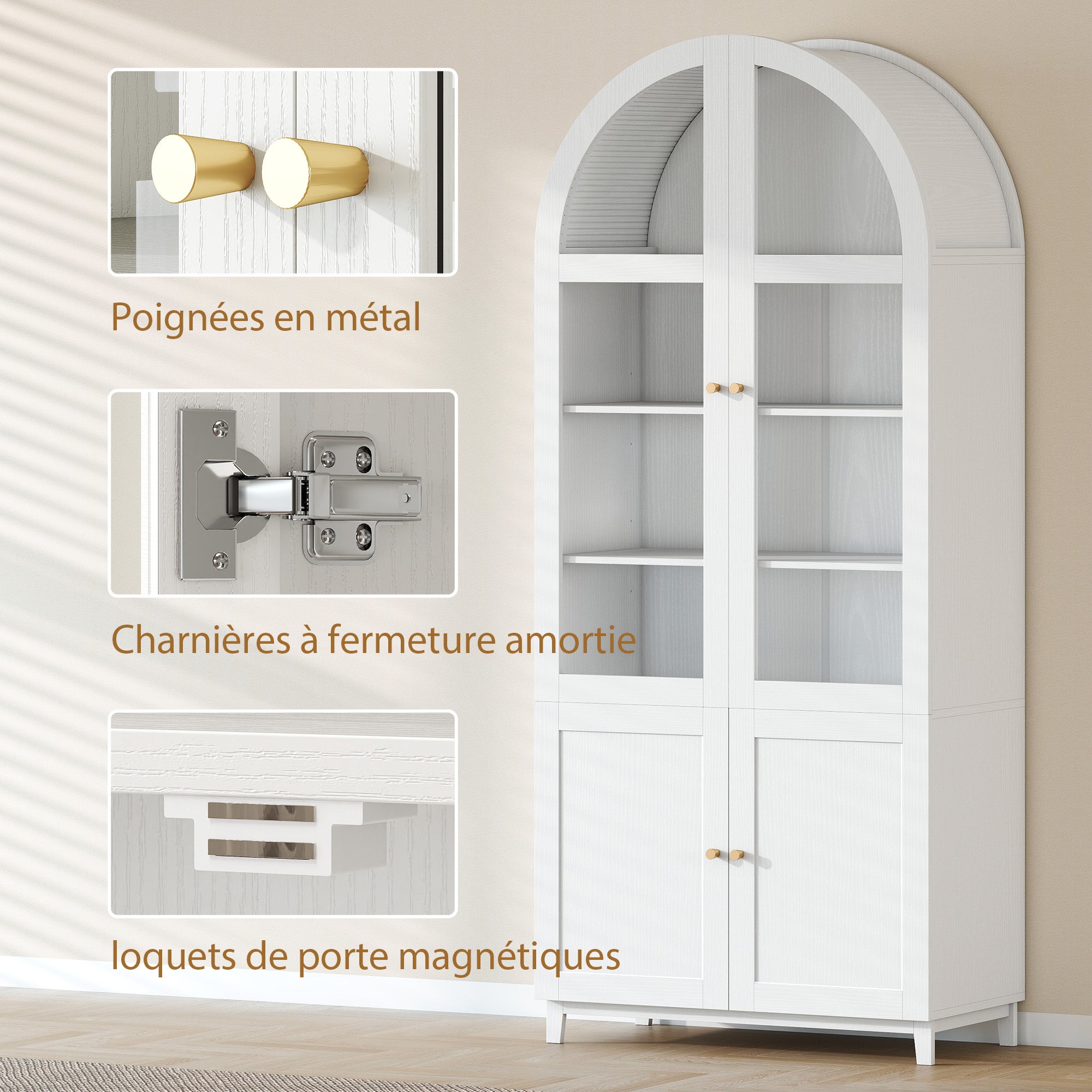 Kitchen cupboard, china cabinet with 4 doors including 2 acrylic ones and adjustable shelves, 78 x 40 x 180 cm, white