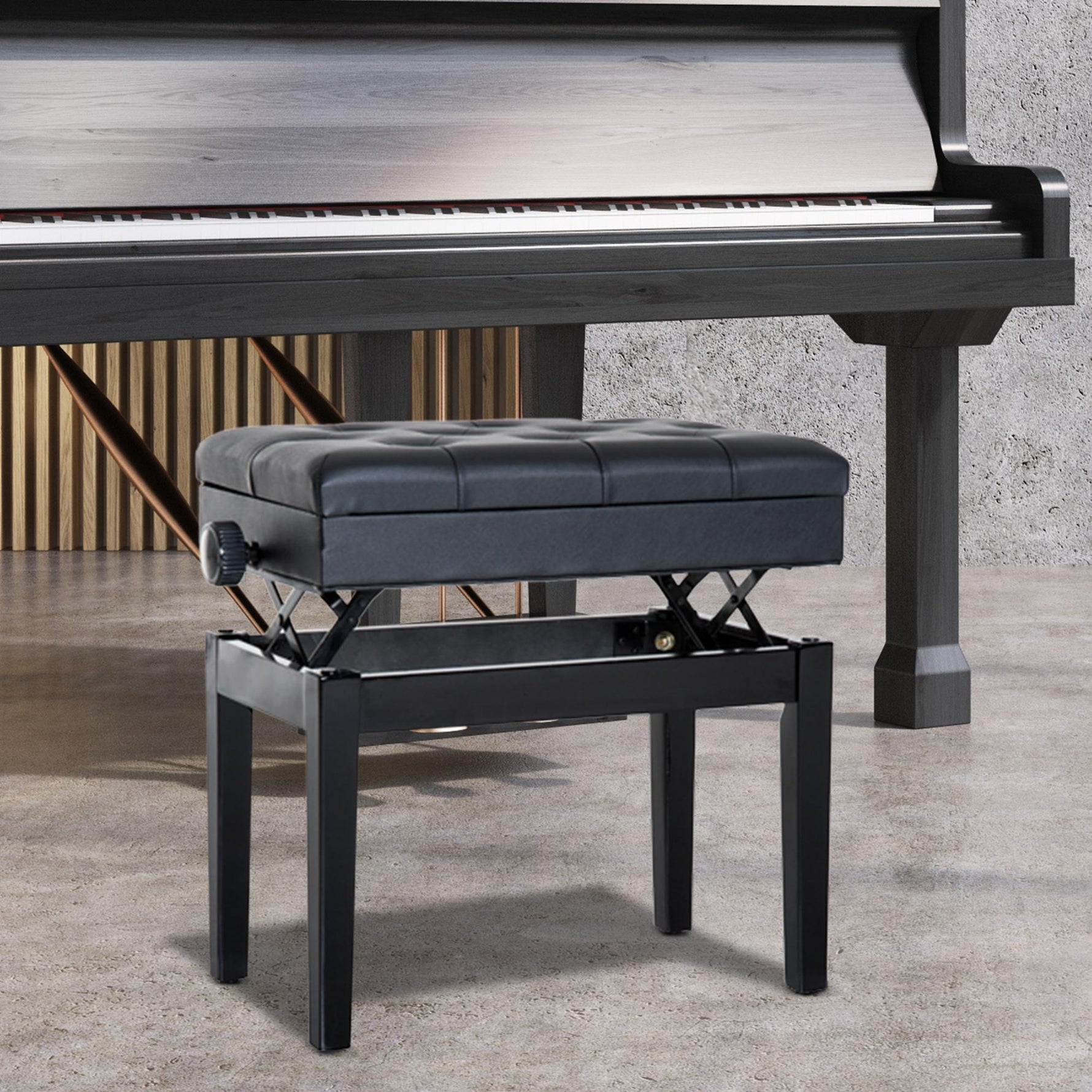 Banc de piano, banc de clavier réglable en hauteur en bois massif, tabouret piano avec compartiment caché, siège rembourré polyuréthane à 10 boutons, stable et antidérapant, charge 200kg, noir
