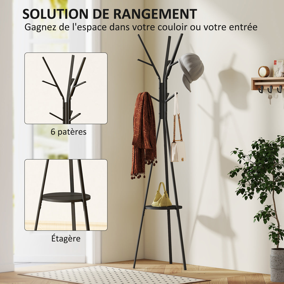 Porte-manteau trépied design contemporain branches étagère + 9 patères dim. 45L x 45l x 180H cm métal noir