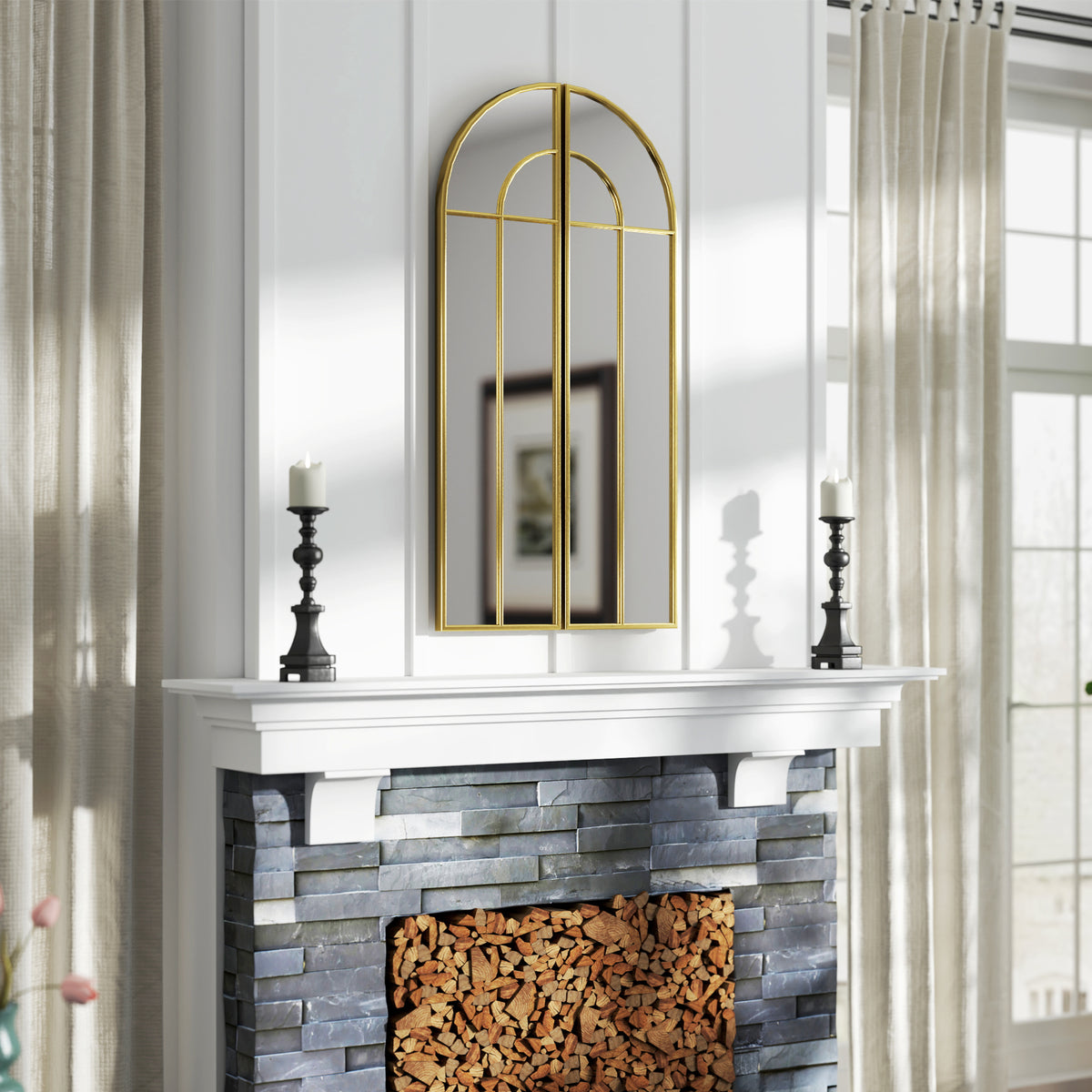 Miroir mural arc 30 x 120 cm, grand miroir décoratif avec cadre métallique, pour salon, chambre, couloir, ton doré