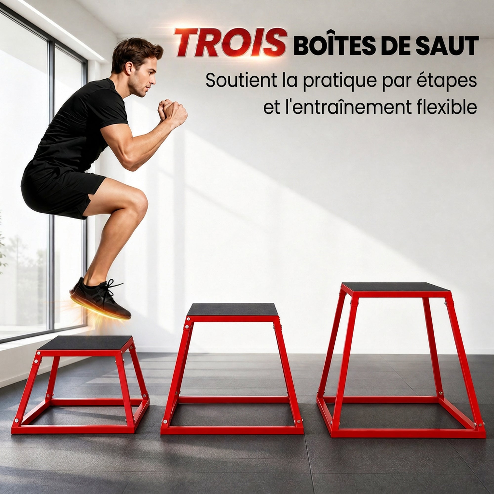 Trapezförmige Plyometrie-Trainingsbox aus Stahl, 3 rutschfeste Sprungplattformen 30,5/45,8/61 cm, Rot