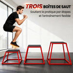 Boîte Entraînement Pliométrique Trapézoïdale en Acier, 3 Plateformes de Saut Antidérapantes 30,5/45,8/61 cm, Rouge