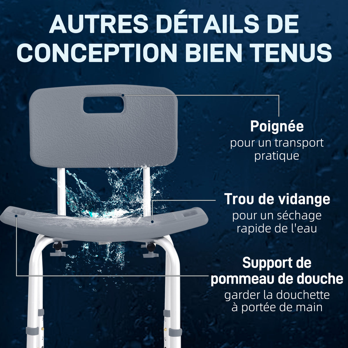 Chaise de Douche siège de Douche Ergonomique Hauteur réglable Pieds antidérapants Charge Max. 136 Kg alu HDPE