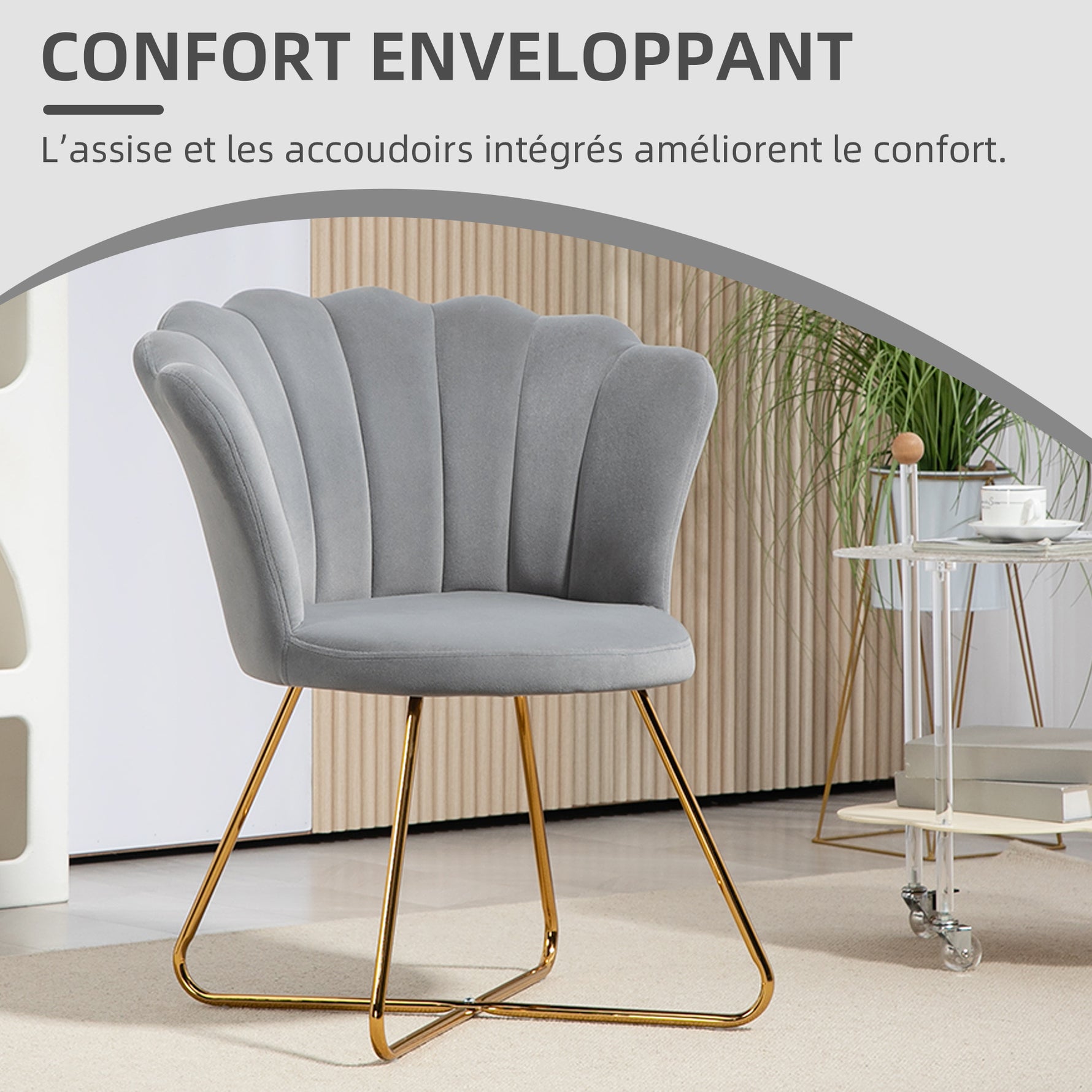 Fauteuil coquillage chaise coiffeuse fauteuil en velours fauteuil de salon avec pieds en acier 69 x 64 x 80 cm gris