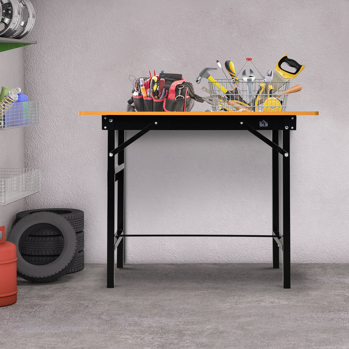 Opvouwbare werkbank, inklapbare werktafel met liniaal en gradenboog, MDF-werktafel 100 x 60 x 75,5 cm, geel/zwart