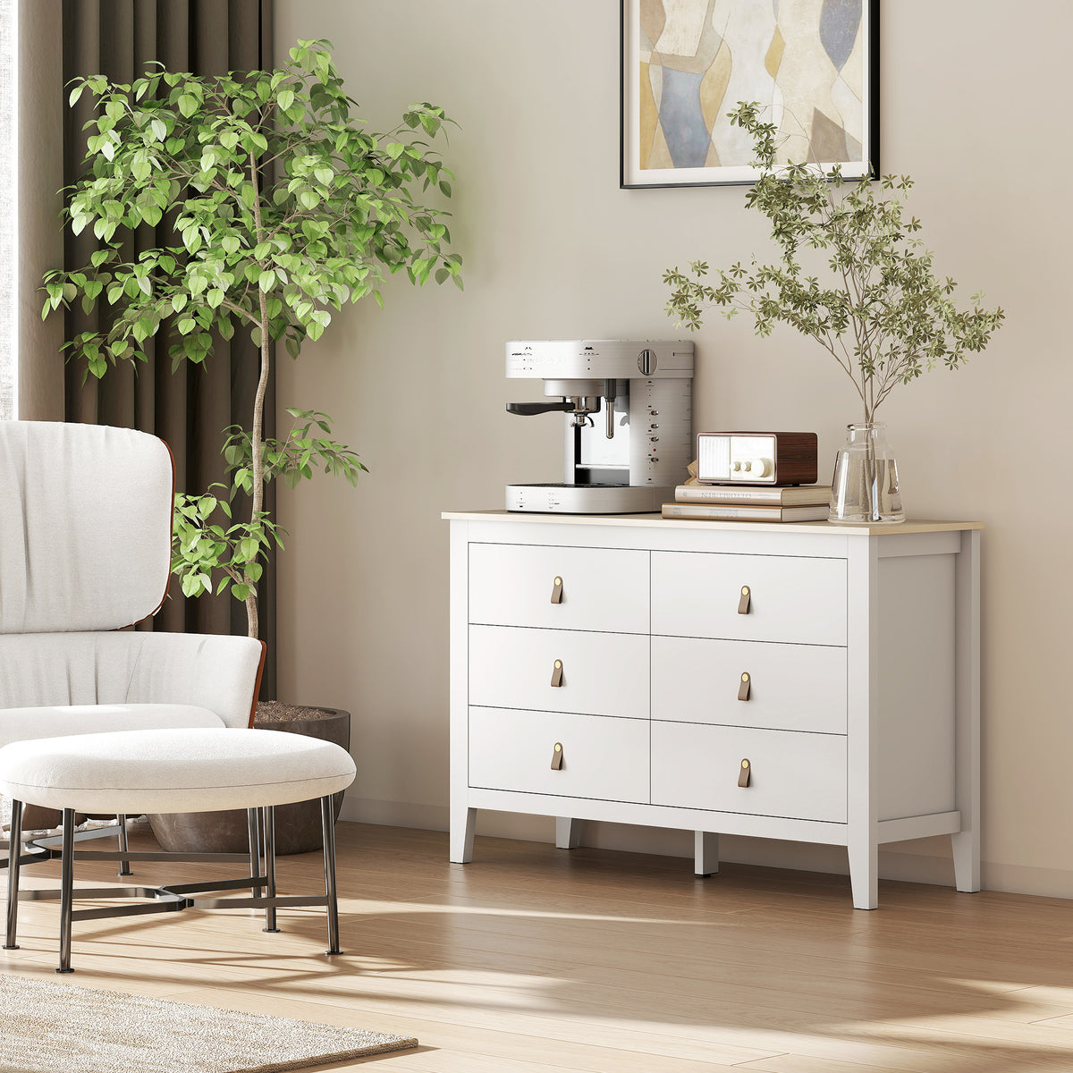 Commode 6 tiroirs meuble de rangement style contemporain avec poignées en polyuréthane, 120 x 40 x 78 cm, blanc