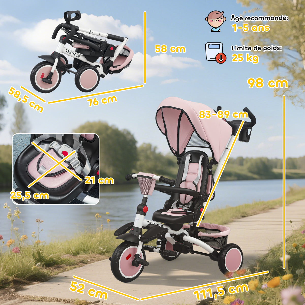 Tricycle bébé évolutif 6 en 1, tricycle enfant pliable avec poignée parentale réglable, siège pivotant 360°, rose