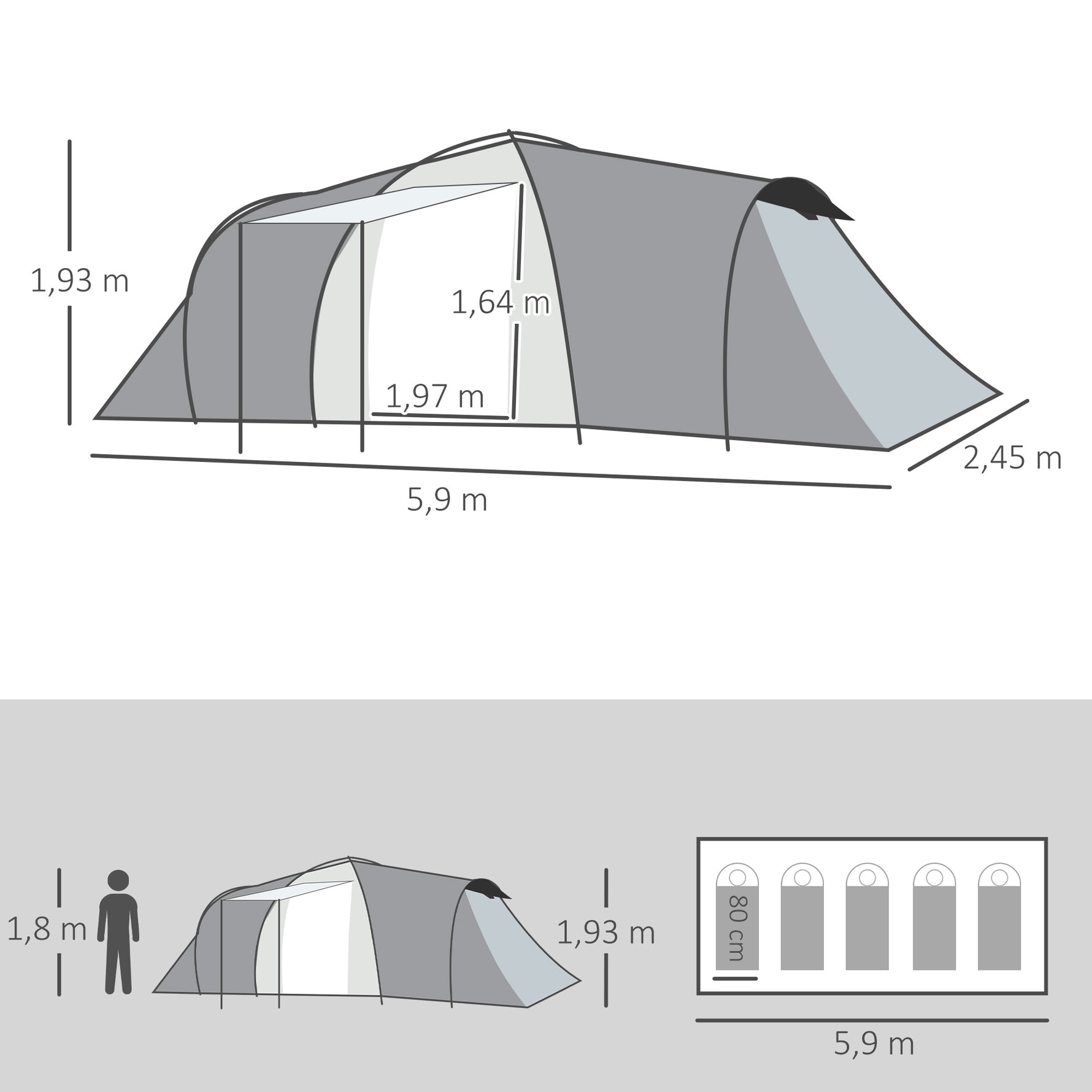 Tente de camping familiale 4 personnes dôme 2 chambres 1 séjour et 1 auvent anti-UV Imperméable 2000 mm multicolore