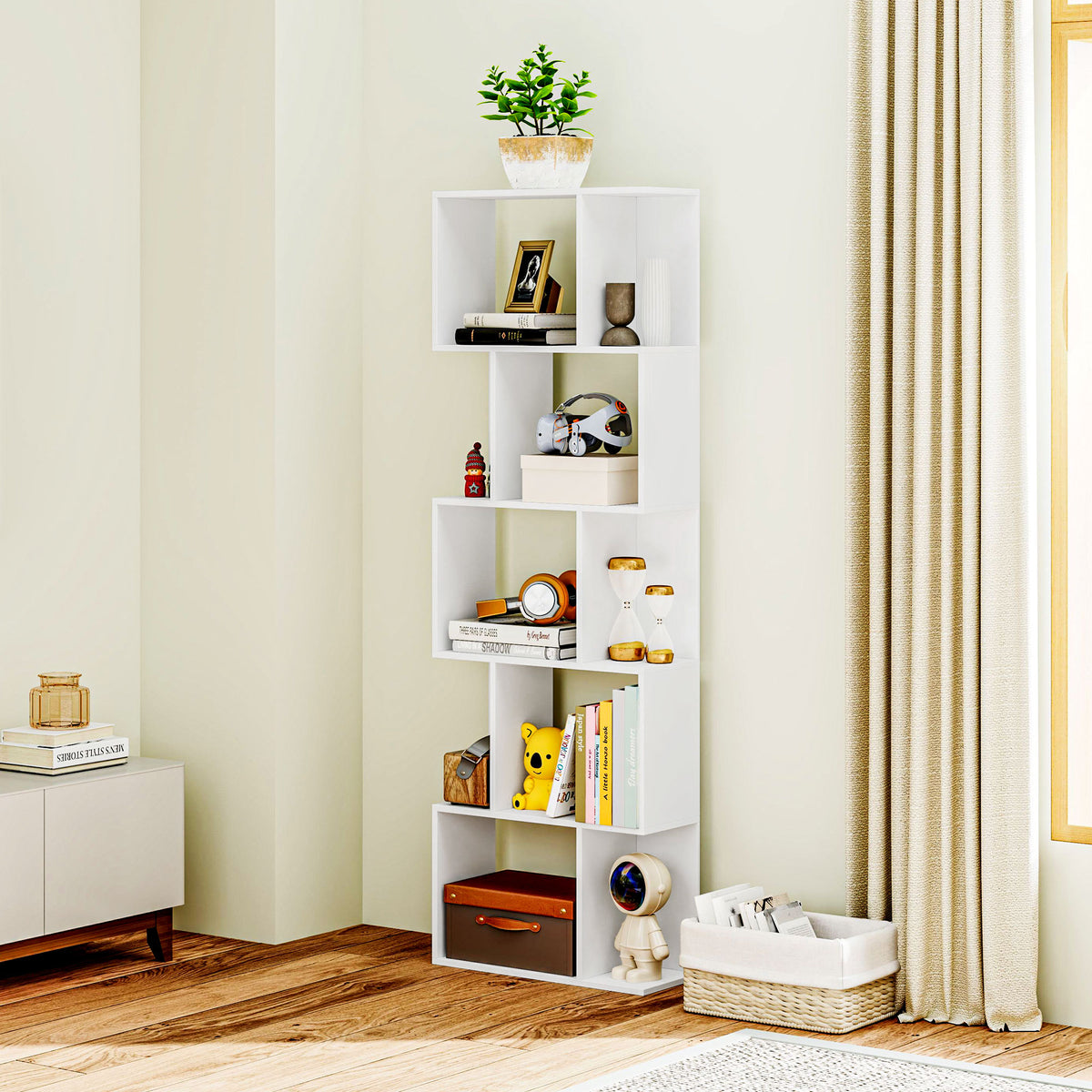 Bibliothèque à 5 niveaux, meuble de rangement en forme de S avec étagères, 60 x 24 x 184,5 cm, blanc