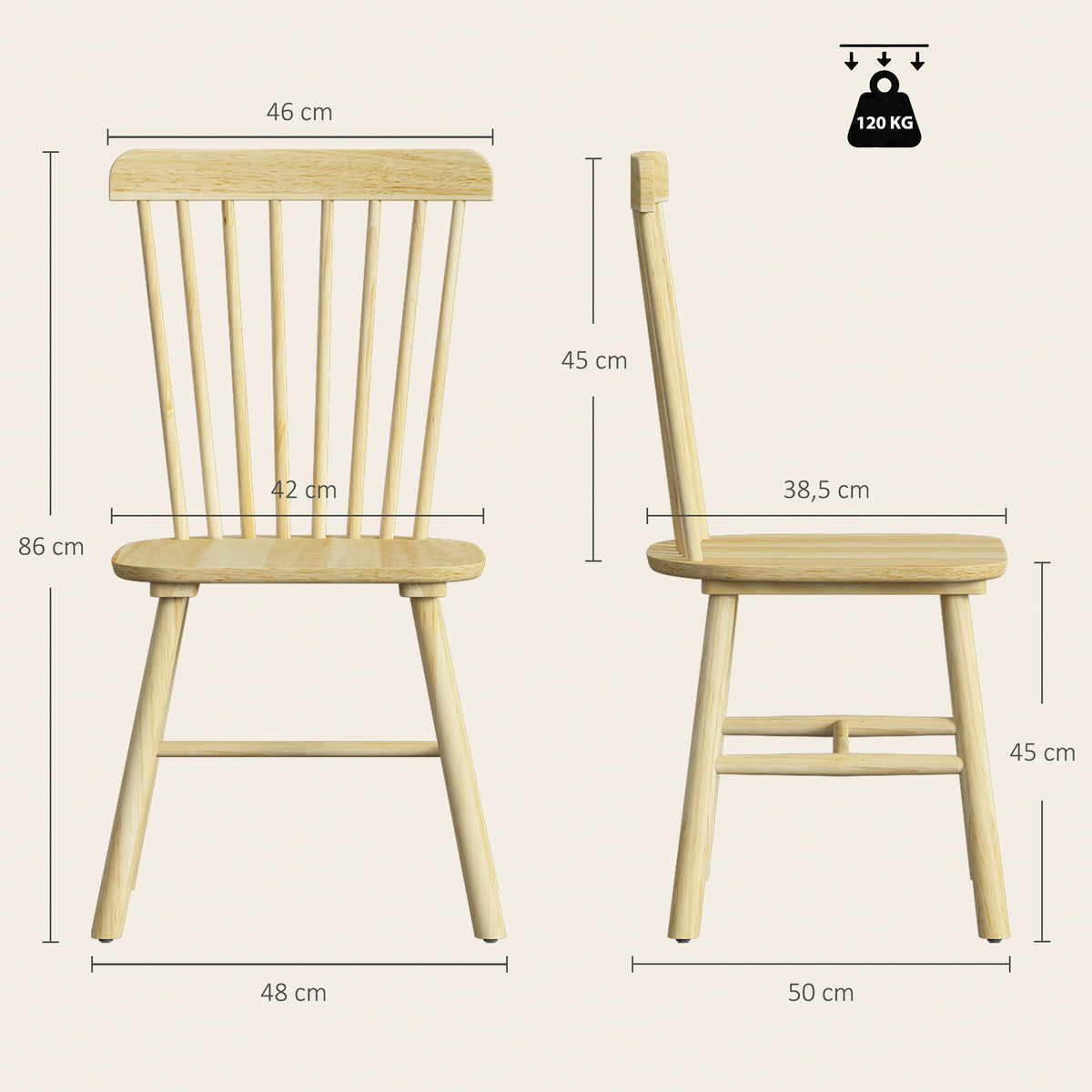 Lot de 2 Chaises de Salle à Manger, Chaises Cuisine en Bois d'Hévéa, Dossier Incurvé, Bords Arrondis, Bois Naturel