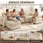 Canapé 4 Places avec 2 Poufs de Rangement, Canapé d'Angle Modulable en U 306 cm en Velours Côtelé, 4 Coussins, Crème