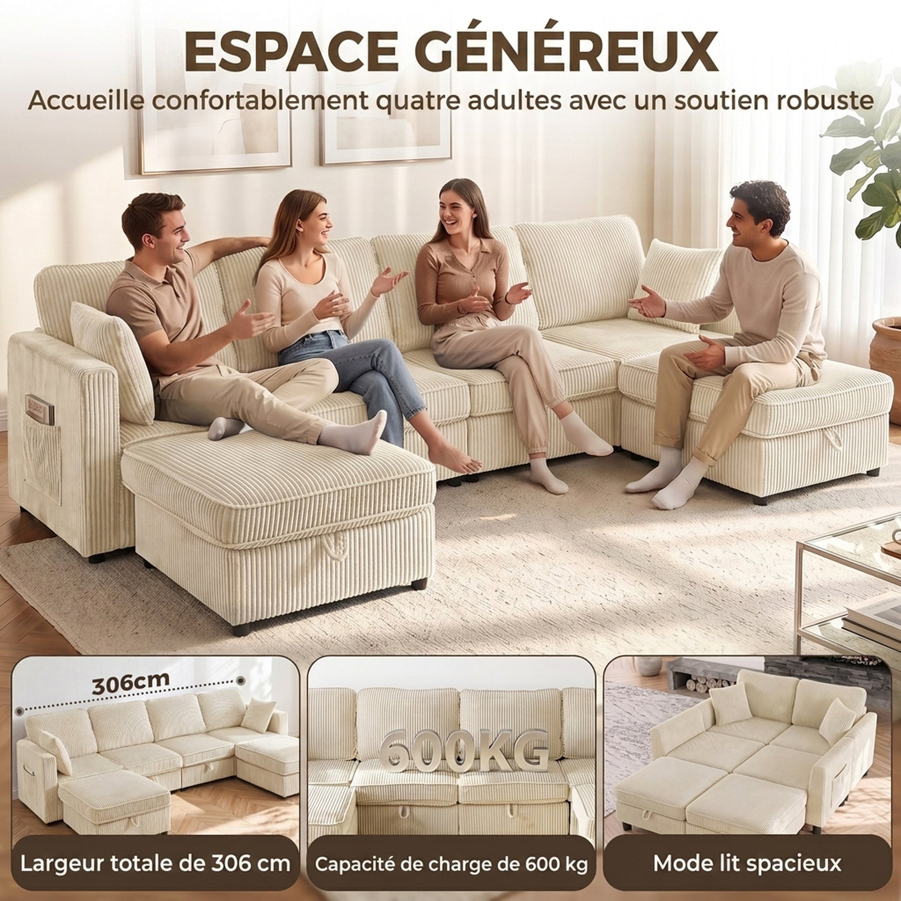 Canapé 4 Places avec 2 Poufs de Rangement, Canapé d'Angle Modulable en U 306 cm en Velours Côtelé, 4 Coussins, Crème
