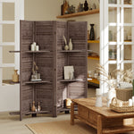 Paravent intérieur en bois 4 panneaux 160 x 170 cm, séparateur de pièce pliable avec 3 étagères, noyer