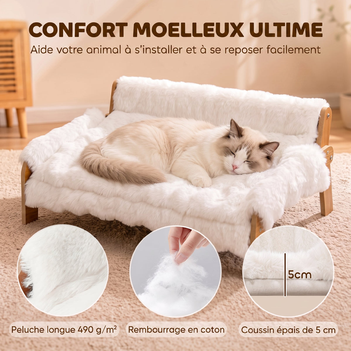 Canapé pour Chien Chat Lit Surélevé en Bois, Coussin Amovible en Peluche, Pieds Antidérapants, 70 x 47 x 30 cm, Blanc