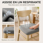 Lote de 2 sillas de comedor, sillas de cocina, asiento tapizado en lino, respaldo curvado, gris y madera natural