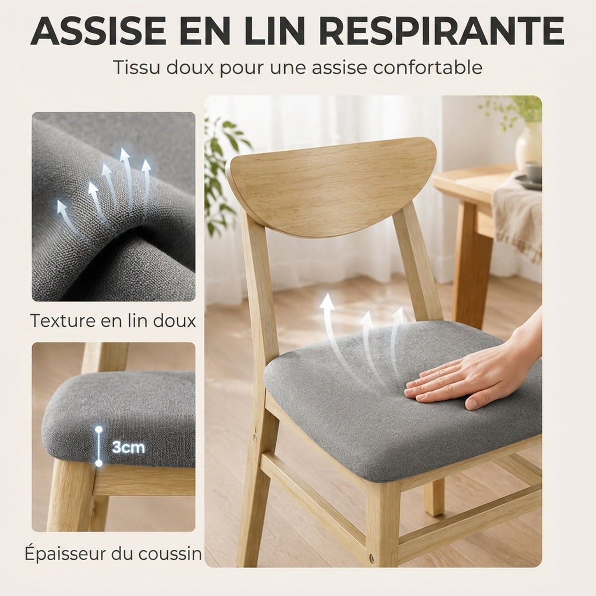 Lote de 2 sillas de comedor, sillas de cocina, asiento tapizado en lino, respaldo curvado, gris y madera natural