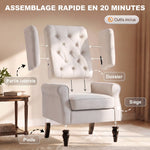 Fauteuil de Salon, Fauteuil d'Appoint Mid-Century Moderne en Flanelle Neige avec Haut Dossier Oreiller Capitonnée, Crème