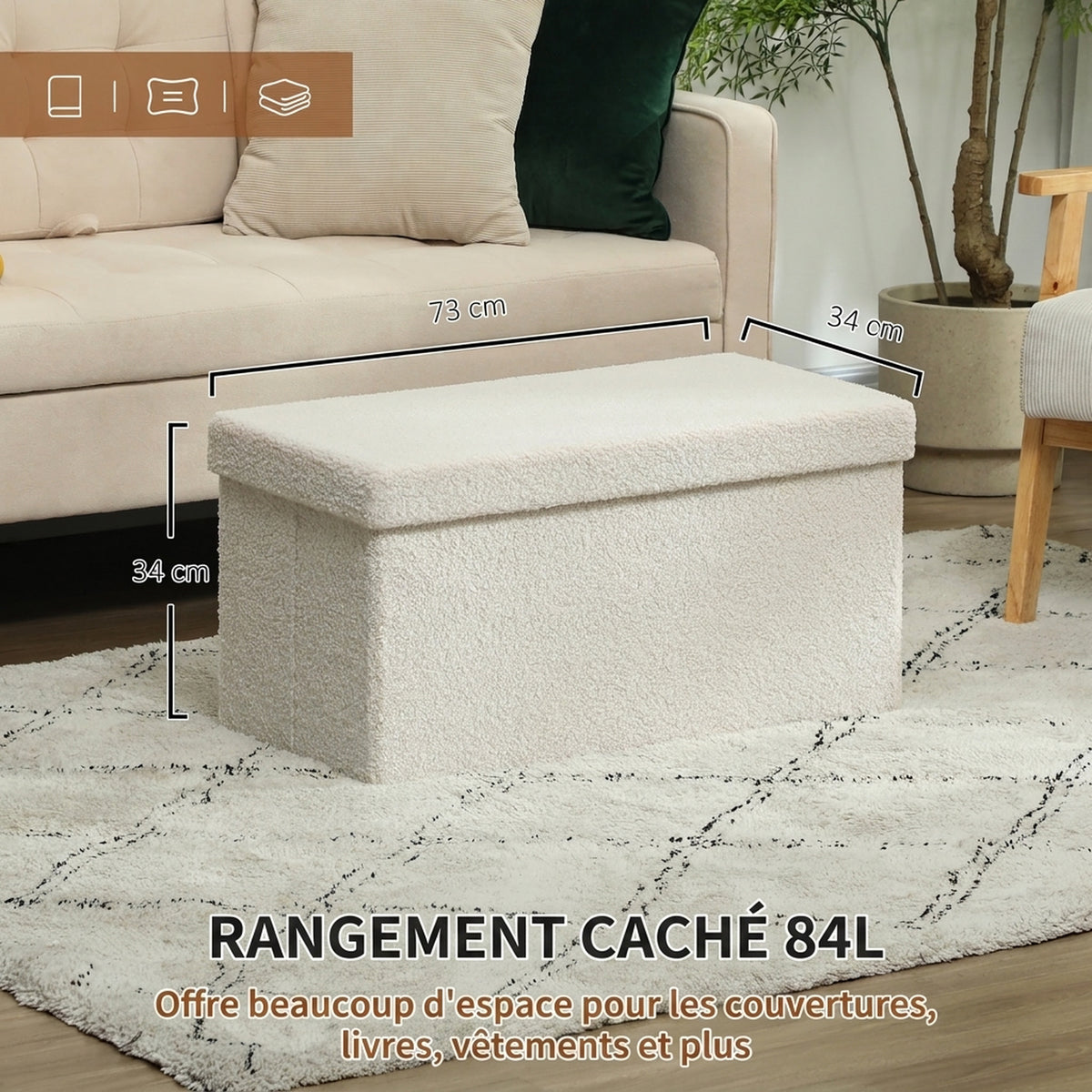 Banc de Rangement 84 L, Pouf Pliable Rembourré en Peluche Teddy, Bout de Lit, Charge 120 kg, 76 x 38 x 38 cm, Crème