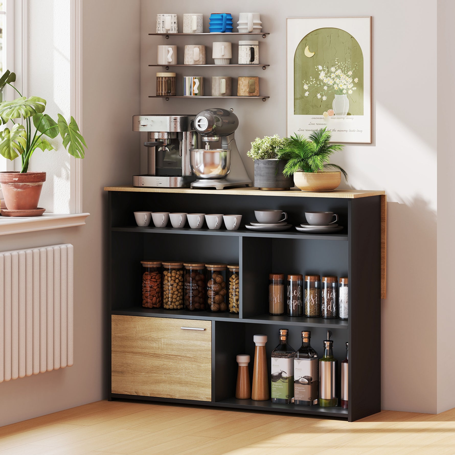 Table de bar extensible avec abattant, table haute cuisine, 1 placard et 4 compartiments ouverts, 116x79,6x90,5cm, noir