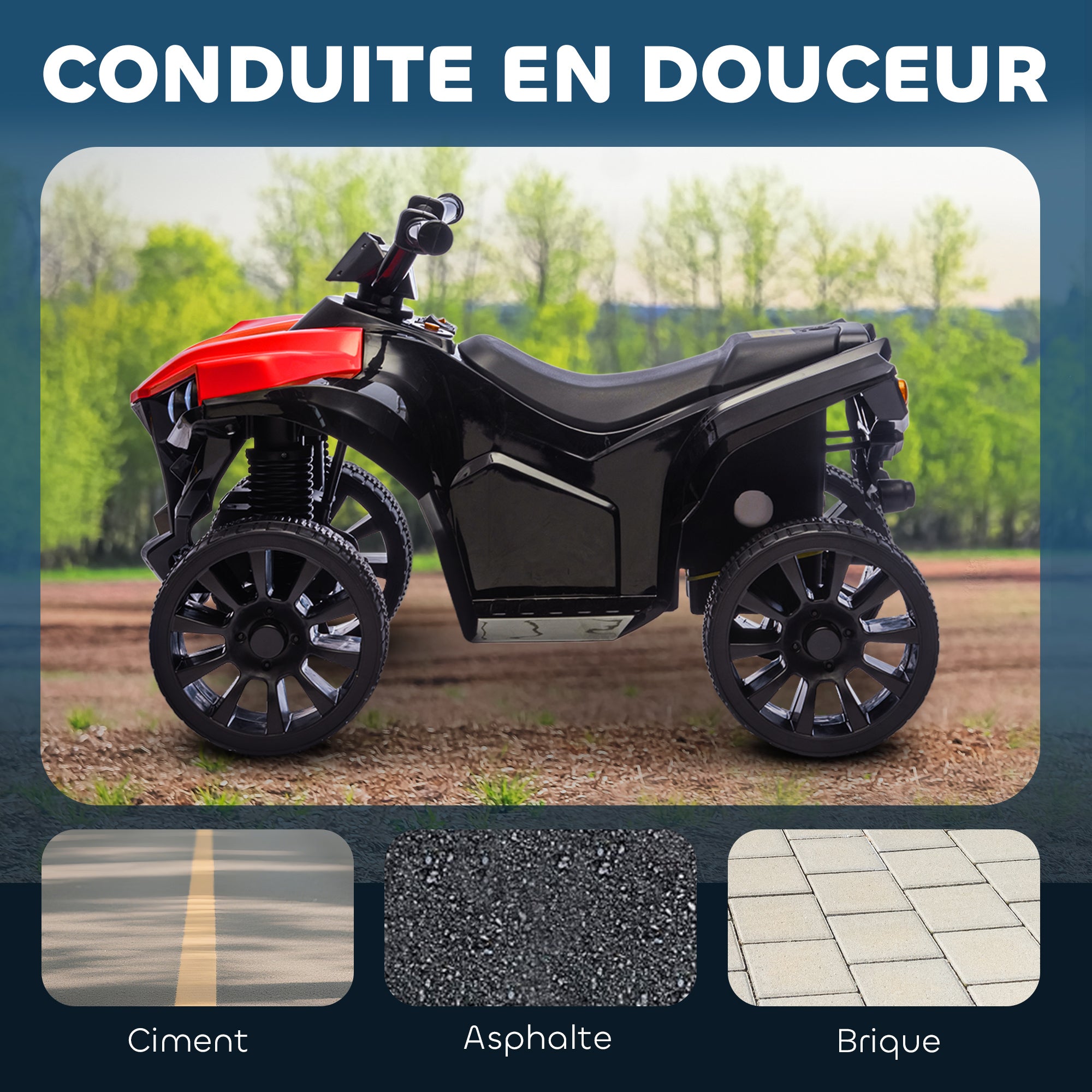 Quad électrique enfant 6V, voiture électrique enfants ATV, musique et phares LED, pour 18-56 mois, 70x42x45cm, rouge